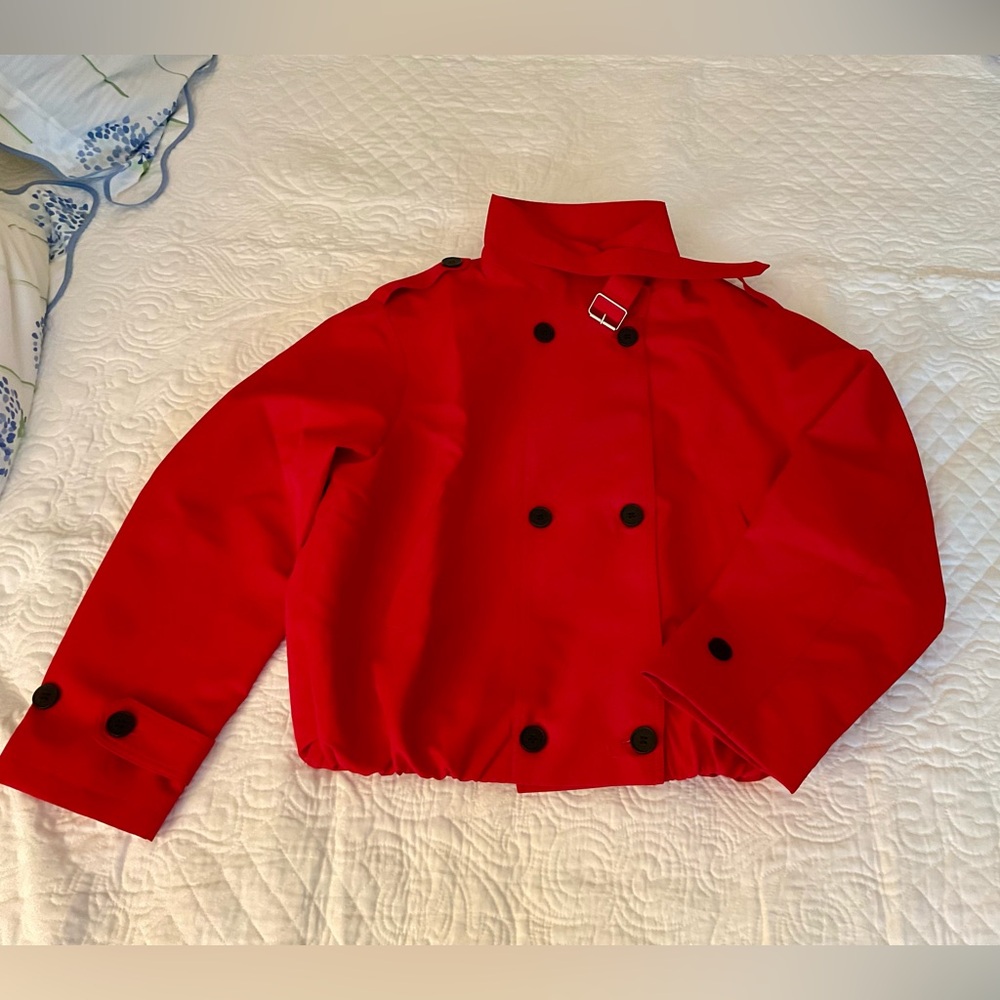 Women's Red Bomber-Style Lined Double-Breasted Jacket